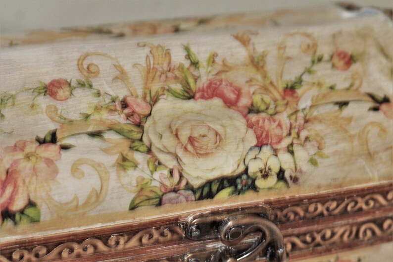 Treasure Chest Box Oriental Camphor Wooden Decopauge Floral Design image 7