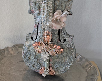 Wall Art Rhinestone Bejeweled Altered Violin Décor Vintage Embellished Shabby Chic Cottage French Distressed Shabby Chic Decoupage
