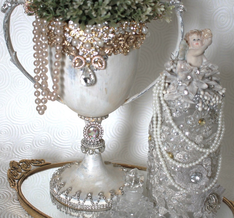 Decorated Rhinestone Jeweled Vintage Urn Silverplate Trophy Centerpiece image 5