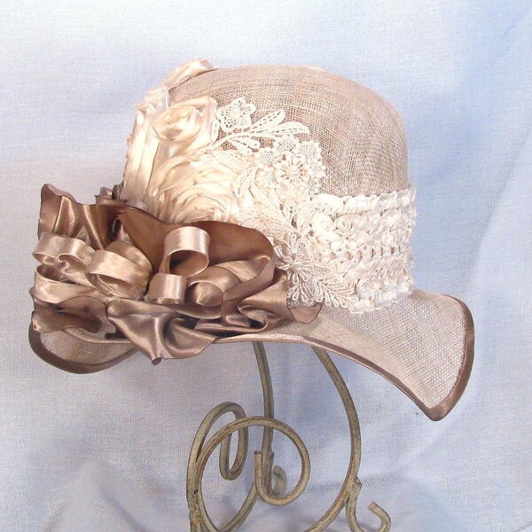 Couture Sophisticated Straw Sinamay Spring Summer Church Hat in Ivory