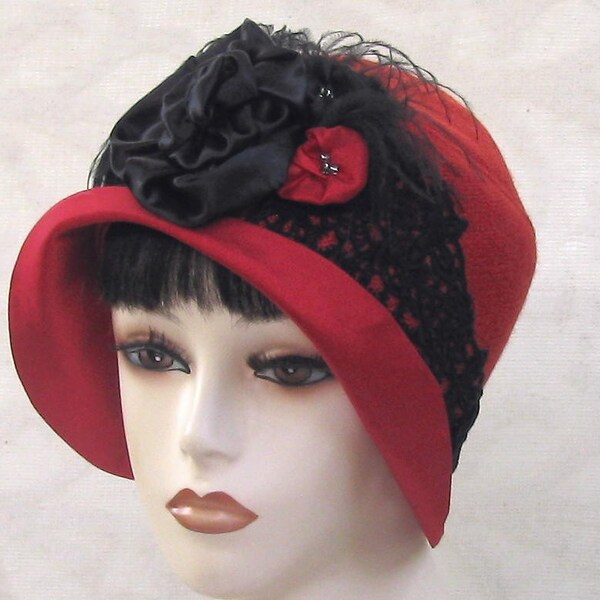 Winter Wool Red Hat - Cloche  Vintage Inspired