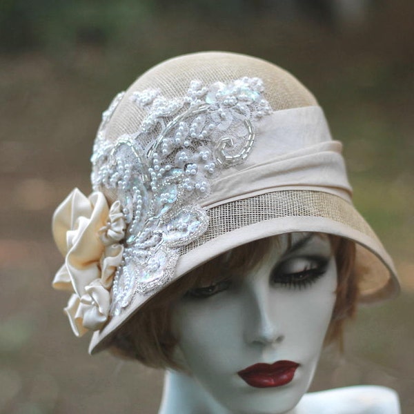 1920's Great Gatsby Vintage Style Wedding Hat  Lace Pearls Sequins Ivory Straw for Summer