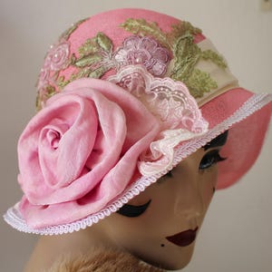 1920s Vintage Style Pretty in Pink Wide Brim Summer Bridal Wedding Hat
