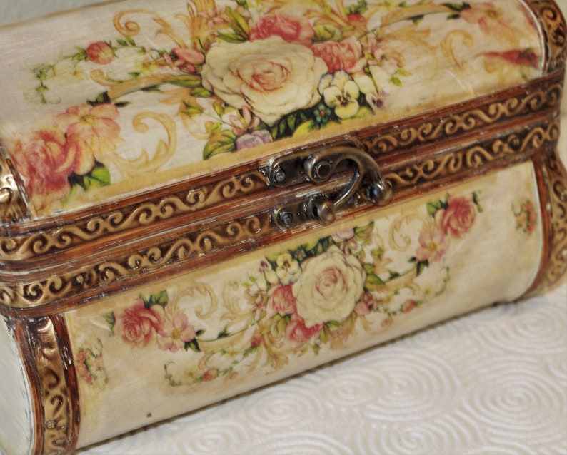 Treasure Chest Box Oriental Camphor Wooden Decopauge Floral Design image 1