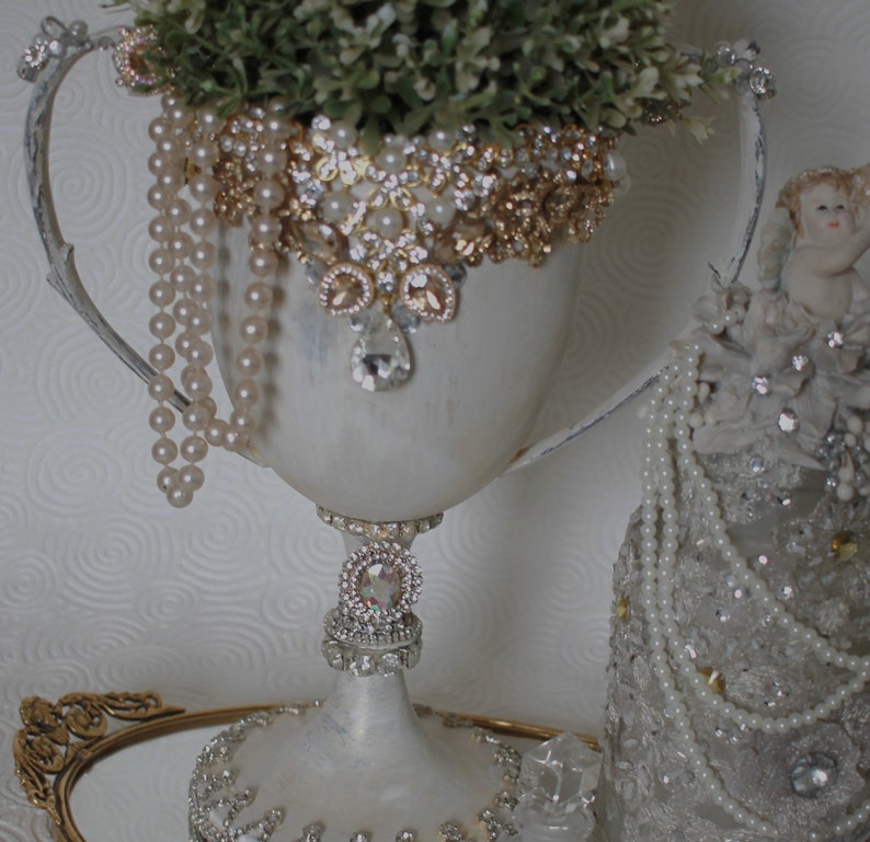 Decorated Rhinestone Jeweled Vintage Urn Silverplate Trophy Centerpiece image 1