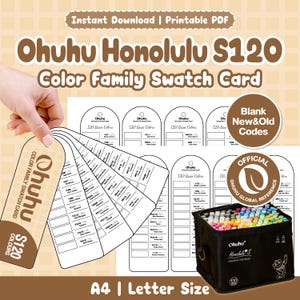 Könnte beinhalten: Ein druckbares Ohuhu Honolulu S120 Farbfächer-Set mit bogenförmigen Papieranhängern, Farbcodes, einer schwarzen Tasche voller Marker sowie dem Text Instant Download, Printable PDF und Official Ohuhu Global Reference.
