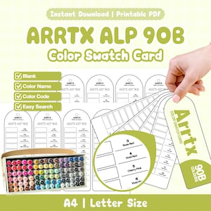 May include: A printable Arrtx ALP 90B color swatch card set for markers, featuring blank templates with spaces for color names and codes. The design includes a box of markers and a circular detail view of the swatch layout. Text includes Arrtx ALP 90B Color Swatch Card, A4 | Letter Size, and Instant Download | Printable PDF.
