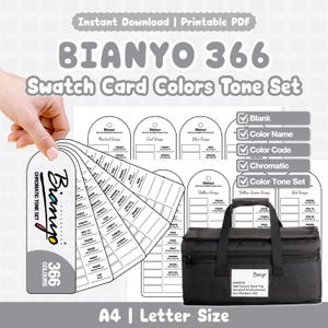 May include: A printable PDF featuring a BIANYO 366 swatch card color tone set. The image includes a color palette fan, color charts, and a black carrying case. The text reads "Instant Download" and "A4 | Letter Size."