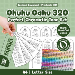 Può includere: Un set Ohuhu Oahu 320 Perfect Chromatic Tone in PDF stampabile con un ventaglio di schede colore con codici, una griglia di 320 tappi di pennarelli in vari colori e testo che include Instant Download, Blank New&Old Codes e Official Global Reference.