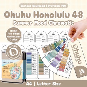Puede incluir: Un conjunto de descarga digital para marcadores Ohuhu Honolulu 48 Summer Mood Chromatic, que incluye tarjetas de muestra PDF imprimibles con códigos de color, un abanico de muestras de marca y una caja de set de colorear con una tortuga en A4.