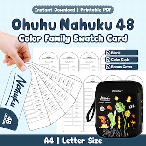 Pode incluir: Um conjunto de cartões de amostra de cores Ohuhu Nahuku 48 em PDF imprimível. Inclui modelos em branco, seções de código de cores e uma capa bônus. Apresenta um estojo preto para 48 marcadores acrílicos com um desenho de sapo.