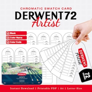 May include: A printable chromatic swatch card set for Derwent 72 Artist colored pencils. The set includes a metal pencil tin with a landscape illustration, multiple arch-shaped paper tags with color codes and names, and a fan-style swatch guide.