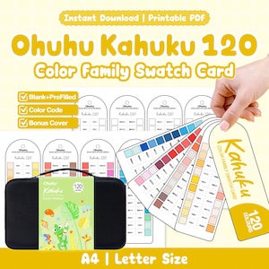 Ohuhu Kahuku - Scheda campioni di 120 colori / PDF stampabile / Vuoto + Precompilato / Slot quadrati / Codice colore / Copertina bonus / Formato A4