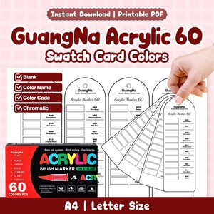 GuangNa Acrylic 60 Swatch Card Colors, Blank Color Tracker with Codes | Acrylic Marker Reference | Printable PDF Instant Download