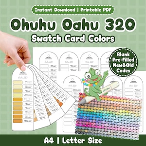 May include: Printable PDF of Ohuhu Oahu 320 swatch card colours. The image shows colour swatches, a frog illustration, and the text "Instant Download" and "A4 | Letter Size". The colour palette includes a wide range of hues.