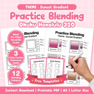 Ohuhu Honolulu 320 Sunset Gradient Blending Sheet, 12 Combos Blank+Pre-Filled Practice Guide | Warm Marker Art | PDF Instant Download