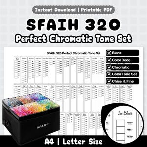May include: A digital printable PDF chart titled SFAIH 320 Perfect Chromatic Tone Set, featuring a grid for colour organisation. Below, a black storage case holds numerous markers, and a circular inset shows detail for Ice Blues colour codes.
