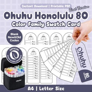 May include: A printable Ohuhu Honolulu 80 colour family swatch card set in A4 and letter size. The document features multiple arched cards with blank spaces for colour codes, alongside a black carrying case filled with markers and a fan of cards.