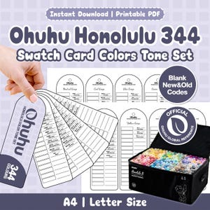 Op de afbeelding: Een printbare Ohuhu Honolulu 344 kleurkaartenset voor alcoholmarkers. De set bevat blanco kaarten voor nieuwe en oude codes, een officiële Ohuhu-referentie en een zwarte opbergtas gevuld met markers in verschillende kleuren.