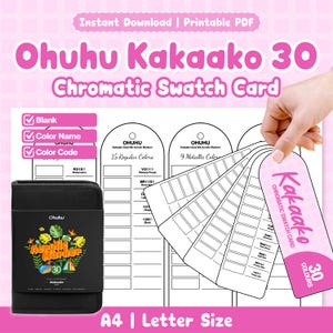 May include: A printable Ohuhu Kakaako 30 Chromatic Swatch Card PDF featuring blank spaces for color names and codes. The set includes a black carrying case with a tropical graphic and a fan of white swatch tags with rounded tops.