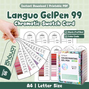 以下が含まれることがあります： 印刷可能なLanguo GelPen 99クロマチックスウォッチカードセット。空欄および記入済みのテンプレートとカラーコードが含まれています。扇形のスウォッチカード、A4およびレターサイズのシート、0.6mmペン先のゲルペン99本入りの箱がセットになっています。