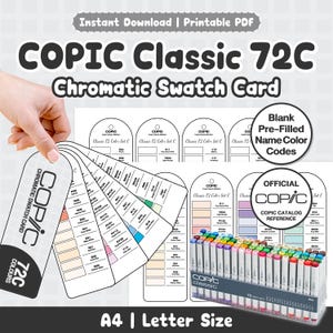 以下が含まれることがあります： Copic Classic 72C クロマチック・スウォッチ・カードの印刷可能なPDF。カラーコードと名前が記載された扇形のカラーチャート。72本のマーカーが入った透明なプラスチックケースが含まれており、Instant Download、Printable PDF、Official Copic Catalog Referenceというテキストが記載されています。