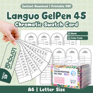 Puede incluir: Un conjunto de tarjetas de muestra cromática Languo GelPen 45 imprimibles que incluye un abanico de etiquetas de papel blanco con texto y códigos negros, junto a una caja rectangular de 45 bolígrafos de gel con estampado floral.