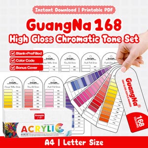 Juego de tonos cromáticos de alto brillo GuangNa 168 / PDF imprimible / En blanco + prellenado / Código de color / Serie de tonos / Portada adicional / Carta A4