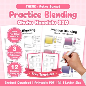 May include: Printable A4 PDF with a pink and white design, featuring "Practice Blending" and a "Retro Sunset" theme. Includes colour combo guides and free templates. A hand holds a white marker.