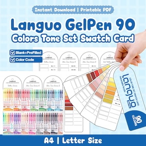 Puede incluir: Una tarjeta de muestra Languo GelPen 90 Colors Tone Set imprimible con plantillas en blanco y prellenadas que incluyen códigos de color. El conjunto incluye varias tarjetas arqueadas con nombres de series y cajas rectangulares para probar colores.