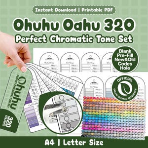 May include: A printable PDF swatch card set for Ohuhu Oahu 320 markers, featuring arched cards with colour codes, a hole punch tool for organisation, and a grid of 320 colour samples. The text includes Ohuhu Oahu 320 Perfect Chromatic Tone Set, A4 | Letter Size, and Official Ohuhu Global Reference.