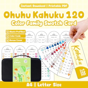 Pode incluir: Conjunto de cartões de amostra de cores Ohuhu Kahuku 120 em PDF imprimível. Inclui modelos em branco e pré-preenchidos, códigos de cores e uma capa bônus. Apresenta um estojo preto com etiqueta verde com ilustração de sapo e texto 120.