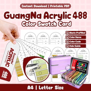 Puede incluir: Un conjunto de tarjetas de muestra de color GuangNa Acrylic 488 imprimibles en tamaño A4 y carta. Incluye plantillas en blanco y prellenadas con nombres, códigos de color y guías de perforación. Con perforadora y estuche morado de marcadores.