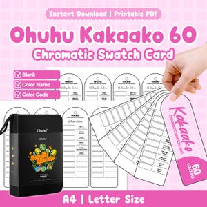 May include: A printable Ohuhu Kakaako 60 Chromatic Swatch Card PDF set featuring blank templates for color names and codes. Includes a black carrying case for 60 acrylic markers with a tropical graphic and the text Ohuhu Acrylic Marker 60.