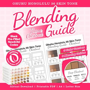 Puede incluir: Guía de mezcla Ohuhu Honolulu 36 Skin Tone para el tema Chestnut. Este PDF imprimible incluye códigos nuevos y antiguos, 3 combinaciones de colores y 9 guías de mezcla. Contiene un círculo de referencia oficial de Ohuhu y marcadores.