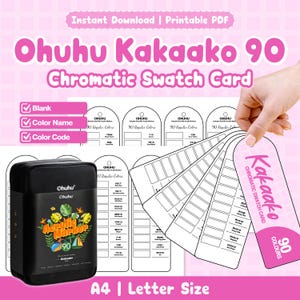 Pode incluir: Um conjunto de cartões de amostra cromática Ohuhu Kakaako 90 em PDF imprimível para marcadores acrílicos. O ficheiro digital inclui modelos para nomes e códigos de cor, com um estojo preto e um leque de etiquetas de amostra de cores.