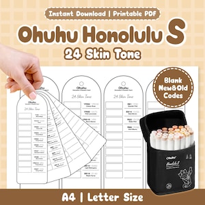 May include: A printable PDF featuring Ohuhu Honolulu S markers with 24 skin tones. The image shows a hand holding a color swatch card, a black marker case, and the text "Instant Download | Printable PDF" and "A4 | Letter Size".