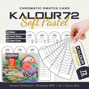 Könnte beinhalten: Ein druckbares chromatisches Farbmusterkarten-Set für Kalour 72 Softpastellstifte. Das Dokument enthält leere Vorlagen mit Feldern für Farbnamen und Codes sowie ein Produktcover mit einer Illustration einer Mandarinente.