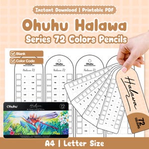 以下が含まれることがあります： Ohuhu Halawa 72色色鉛筆用の印刷可能なPDFカラーチャートセット。ドキュメントには、色を整理するための番号付きグリッドを備えた空白およびカラーコード化されたテンプレートが含まれています。長方形の製品ボックスにはトンボのイラストが描かれています。