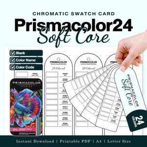 Op de afbeelding: Een Prismacolor 24 Soft Core chromatische kleurkaart als printbare PDF. Het document bevat een afbeelding van een zwarte tinnen doos met een kempvis, naast meerdere witte labelvormige sjablonen met lege vakjes voor kleurnamen en codes.