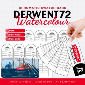 Op de afbeelding: Een printbare chromatische kleurenkaartset voor Derwent 72 aquarelpotloden. Het ontwerp bevat boogvormige labels met ruimtes voor kleurnamen en codes, naast een illustratie van een blikken doos met potloden en een kanaalscène. Tekst: Derwent 72 Watercolour, Instant Download, Printable PDF, A4, Letter Size.