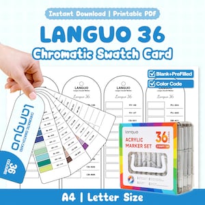 Pode incluir: Um conjunto de cartões de amostras cromáticas Languo 36 em PDF imprimível com um leque de amostras de cores com códigos, uma folha de modelo em branco e uma caixa de 36 marcadores acrílicos. Texto: Instant Download, Printable PDF, Languo 36, A4.