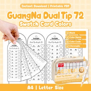 Op de afbeelding: Een set GuangNa Dual Tip 72 acrylmarkers met kleurstalenkaarten. De kaarten zijn wit met hartvormige kleurstalen en kleurcodes. De tekst op de kaarten luidt "GuangNa Dual Tip Acrylic 72". De markerset zit in een beige etui. De tekst op de etui luidt "ACRYLIC 72".