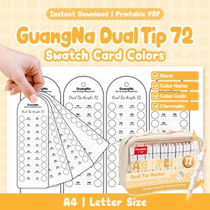 Op de afbeelding: Een set GuangNa Dual Tip 72 acrylmarkers met een kleurstalenkaart. De afbeelding bevat een beige draagtas, kleurstalenkaarten met kleurcodes en de tekst "Instant Download | Printable PDF". De markers maken deel uit van de Colorful Skin Series.