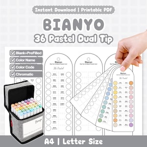 May include: A gray carrying case containing 36 pastel dual-tip markers, with colour swatches and the text "BIANYO 36 Pastel Dual Tip." The image also includes the text "Instant Download | Printable PDF" and "A4 | Letter Size."