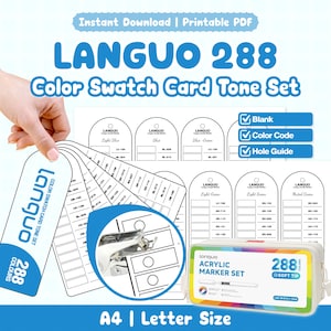 Könnte beinhalten: Ein druckbares PDF-Set für Languo 288 Farbmusterkarten mit leeren Feldern, Farbcodes und Lochführungen. Das Set enthält bogenförmige Karten mit Beschriftungen wie Light Blue, Blue und Muted Green sowie ein 288-Farben-Acrylmarker-Set.
