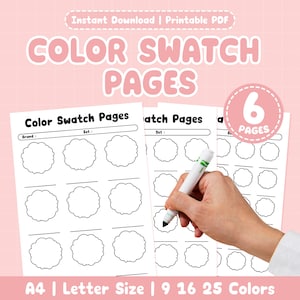Puede incluir: Páginas de muestras de color PDF imprimibles con fondo rosa. Las páginas tienen un diseño floral para las muestras de color. El texto de las páginas dice "Color Swatch Pages". La imagen también incluye el texto "A4 | Letter Size | 9 16 25 Colors".