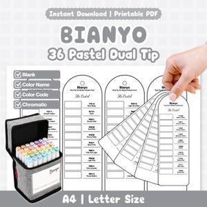 May include: A gray fabric case containing 36 pastel dual-tip markers, with a color chart fan. The chart displays color names and codes. The text on the image reads "BIANYO 36 Pastel Dual Tip" and "Instant Download | Printable PDF."