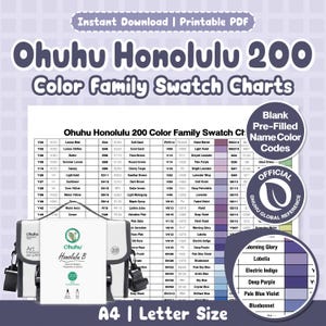 Op de afbeelding: Een printbare PDF met Ohuhu Honolulu 200 Color Family Swatch Charts. Het document bevat een raster met kleurcodes, namen en een officieel Ohuhu Global Reference-zegel. Een draagtas voor 200 markers is op de voorgrond afgebeeld.