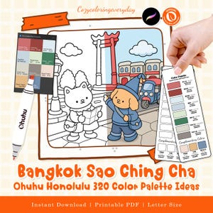 Könnte beinhalten: Eine digitale Malvorlage mit einer Katze und einem Hund vor dem Wahrzeichen Bangkok Sao Ching Cha. Das Bild enthält einen Ohuhu-Marker, eine Farbpaletten-Musterkarte und den Text Bangkok Sao Ching Cha Ohuhu Honolulu 320 Color Palette Ideas.